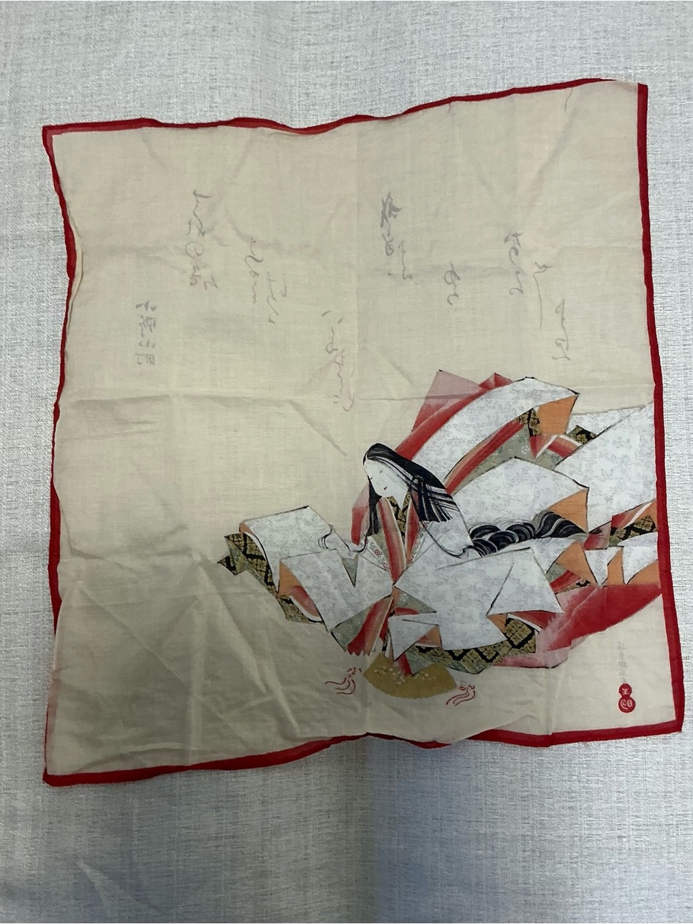 Vintage Japanese Handkerchief Tale Genji Murasaki Shikibu Art Silk Cotton Scarf